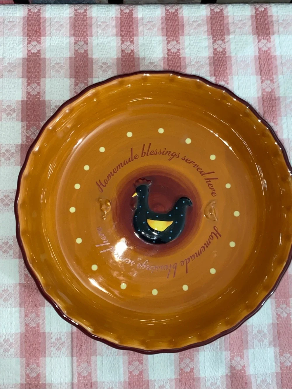Bonnie Lynn Rustic Orange Ceramic Pie Plate Dish Hen Motif Country Farmhouse